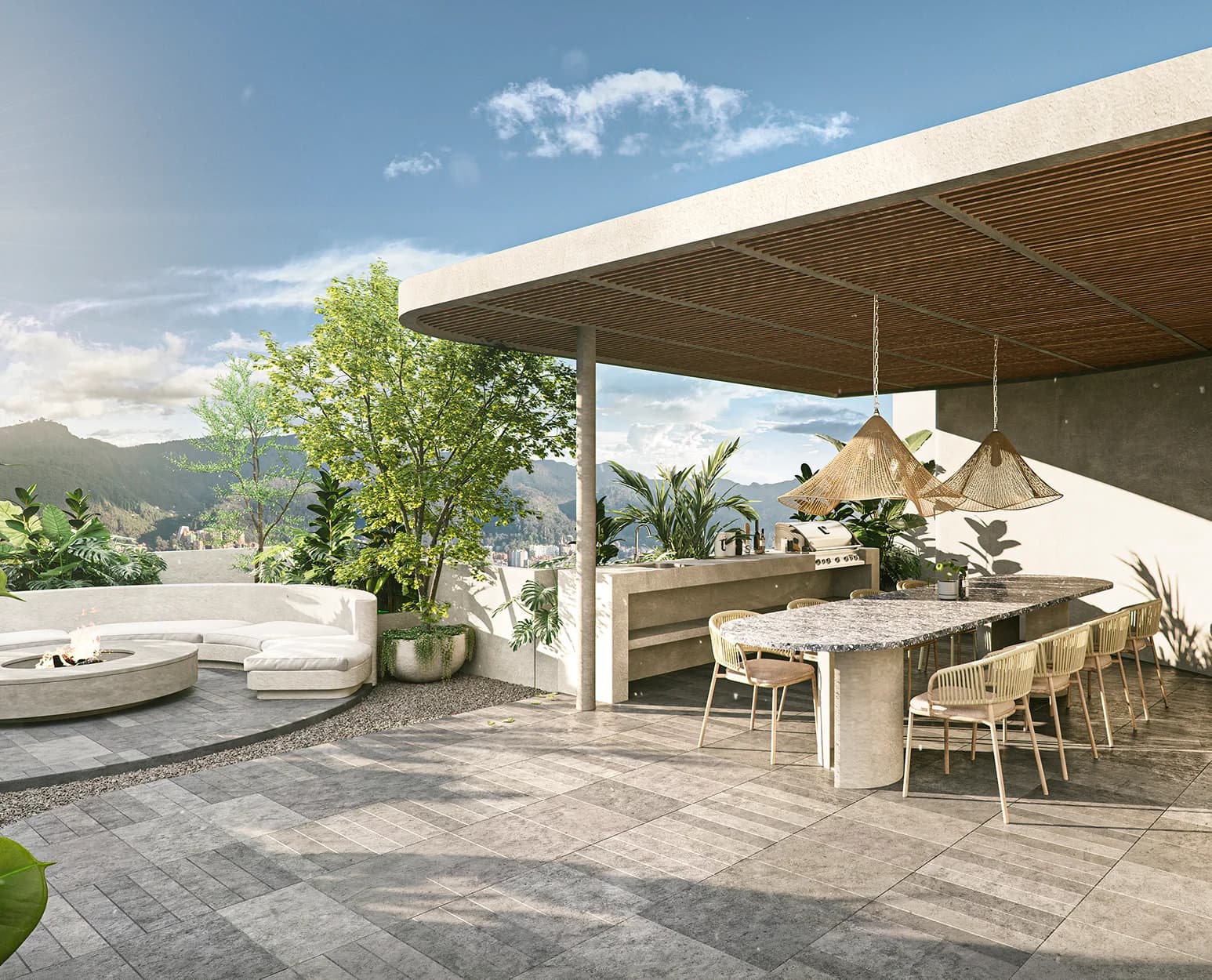 Terraza BBQ con zona de estar, comedor exterior y vista a los cerros